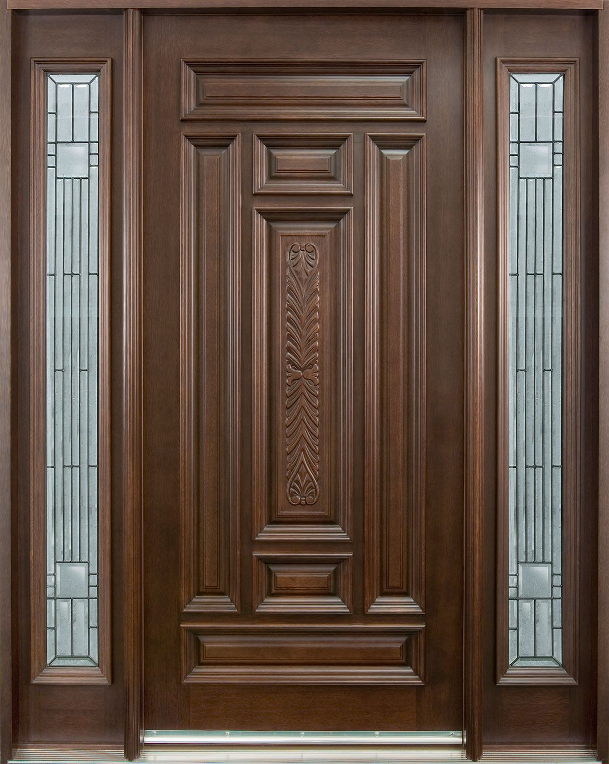 Front Entry Door Custom Single with 2 Sidelites Solid Wood with Walnut Finish, Classic