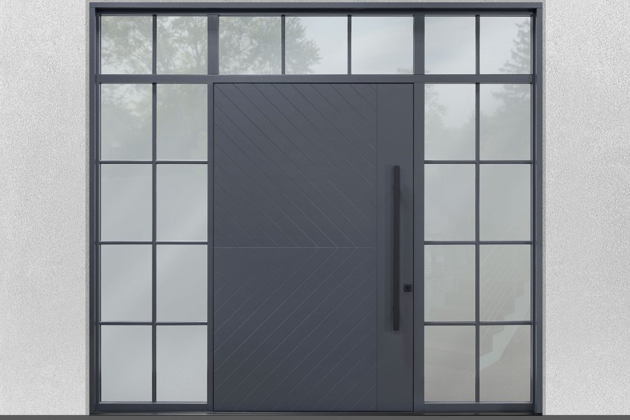 Modern Pivot Door, 2 Sidelites & Transom, V Grove Type A, Painted 1